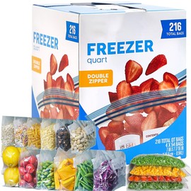 Freezer Bags | Double Zipper, Extra Wide, Easy to Open, Click & Lock BPA Free, Heavy Duty Plastic, Long Term Storage | Food Snack Meal Prep Leftover | Quart (7 X 7.4 Inches) 216 Bags