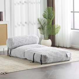 GDFStudio Indoor Foldable Bean Bag Lounge Chair,Faux Fur Convertible Floor Seat with Neck Pillow, Shredded Foam Fill,2-in-1 Chair to Bed Design for Small Spaces Living Room Bedroom Office,Light Gray