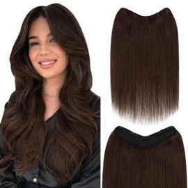 S-noilite Brown Real Human Hair One Piece Clip in Hair Extensions 3/4 Full Head Clip on Remy Hair Extensions for Women Silky Straight V Shaped Weft Invisible Clip in Hair Extensions(16",Medium Brown)
