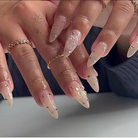 BABALAL Almond Press on Nails Medium Fake Nails Shiny Glue on Nails 24Pcs Chrome Stiletto Bow Rhinestone Acrylic Nails for Women and Girls