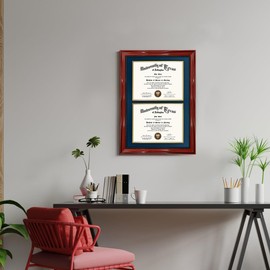 GMFrames Double 8.5x11 Diploma Certificate Frame, Solid Wood with Cherry Lacquer Finish & Intricate Rope Detail,UV Protection Acrylic, Easy-open Backs, Navy over Gold Mat