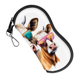Zewurtuw Glasses Case Eyeglass Sunglasses Zipper Soft Neoprene Ultra Light Pouch Metal Belt Clip Aesthetic Women Men-Cow