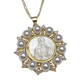 Mother of Pearl Virgin Mary Medal Necklace,18K Gold Plated Pearl Encircled Necklace Women,Religious Faith Pendant