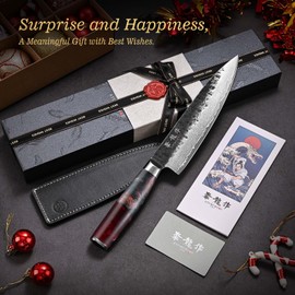 Japanese Chef Knife, 8 Inch VG10 Damascus Kitchen Knife, Professional Black Forged Kitchen Knives with Red Ergonomic Handle, Leather Sheath & Luxury Gift box, Perfect Birthday Gifts for Men Women