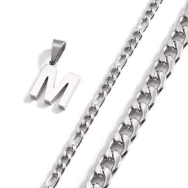 WEDDINEN Layered Initial M Letter Pendant Necklace for Men Figaro Cuban Chain Necklace Jewelry Christmas Birthday Gift for Men Boyfriend
