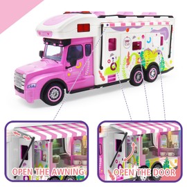 Leopmase Remote Control Camper Toys, RC Truck for Boys Pull Back Model Car Doors & Awning Open Light Sound, RC Food Car Age 3 4 5 6 7 8 Kids Toddlers Birthday Gifts