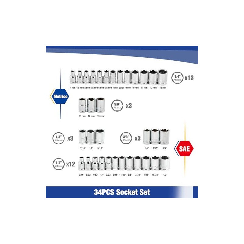 WORKPRO 39-Piece Drive Socket Set 1/4'' & 3/8'', CR-V Metric