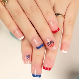 July 4th French Tip Press on Nails, Red Blue White Short Square Fake Nails, Independence Day Themed Acrylic Nails with Glue for Women Holiday Glossy Full Cover False Manicure Gift (24Pcs)