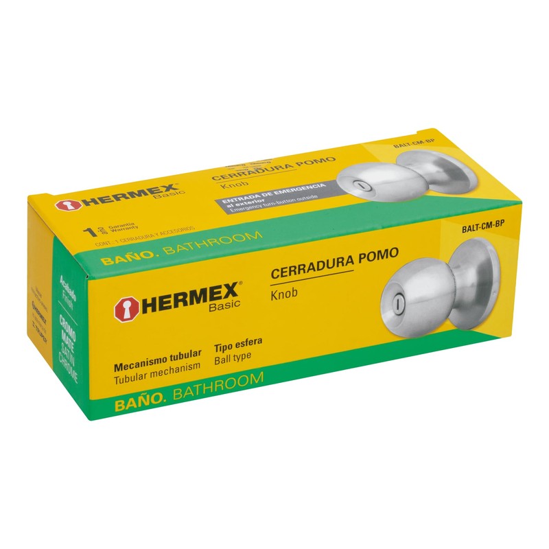 Hermex Basic BALT-CM-BP, Cerradura pomo, baño, tubular, cromo mate