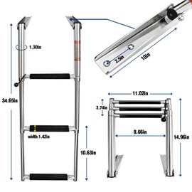 Young Marine Stainless Steel Drop Down Telescopic and Folding Boat Ladder with White Plastic Footboard,Over Platform Mounting (3 Steps Black)