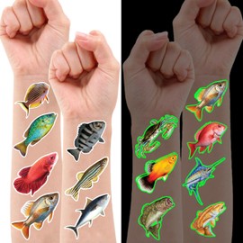 Fishing Temporary Tattoos - Fish Lake 96 PCS Funny Fish Themed Stickers for Kids Birthday Party Supplies, Decorations, Favors and Prizes - Glow in the dark