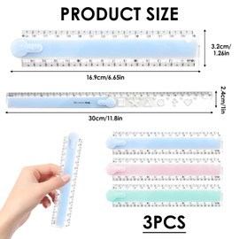 3PCS Plastic Folding Ruler Set 30Cm Transparent Ruler Geometric Ruler Stationary Straight Study Rulers for School Children Kids and Office Use (3 Colors)