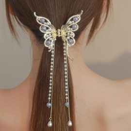 Gold Butterfly Hair Claw Clips Pearl Chain Tassel Rhinestone Butterfly Flower Hair Clips Tassel Nonslip Clamps Hair Accessories for Women (Style1, One size)