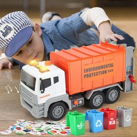Anby families Garbage Truck Toy with 4 Dustbin Sound and Light, Vehicle Toy for Children, Rubbish Car Gift Toy from 3 Years 4 Years 5 Years