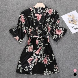 Floral Silk Robe Black Robe / One Size