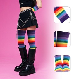 Nujvnuj Rainbow Striped Stockings Glove Set - Women Girls Carnival Christmas Party Prop Set, Purple
