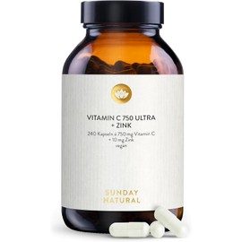 SUNDAY NATURAL Vitamin C and Zinc High Dose - 240 Capsules - 1500 mg Vitamin C & 20 mg Zinc per Daily Dose - PureWay-C & Bioavailable Zinc Bisglycinate - Laboratory Tested, Vegan, No Other Additives