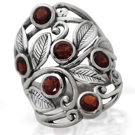 Silvershake 2.16ct. Natural Garnet 925 Sterling Silver Filigree Leaf Ring, Garnet,
