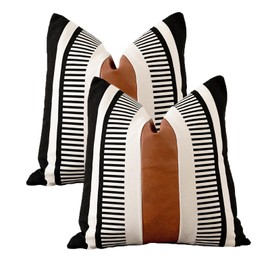 Vfuty Set of 2 Black White Boho Pillow Cover with Leather Modern Couch Pillow Covers 22x22 inch Farmhouse Stripe Pillowcase for Couch Bed, Black