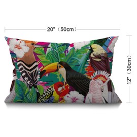 BGBDEIA Oblong Cushion Cover Farmhouse 12x20 Inch Soft Linen Throw Pillowcase Tropical Bird Toucan Leaves and Hibiscus Flowers Pillow Cover for Couch Bed Sofa Chair,30 x 50 cm