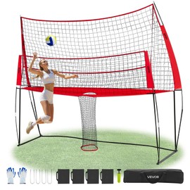 VEVOR 2-in-1 Volleyball Training Net System, Freely Height-Adjustable Practice Equipment with Ball Return, Portable Net Station, Easy Setup for Backyard Indoor Outdoor Serving Spiking Improve Accuracy
