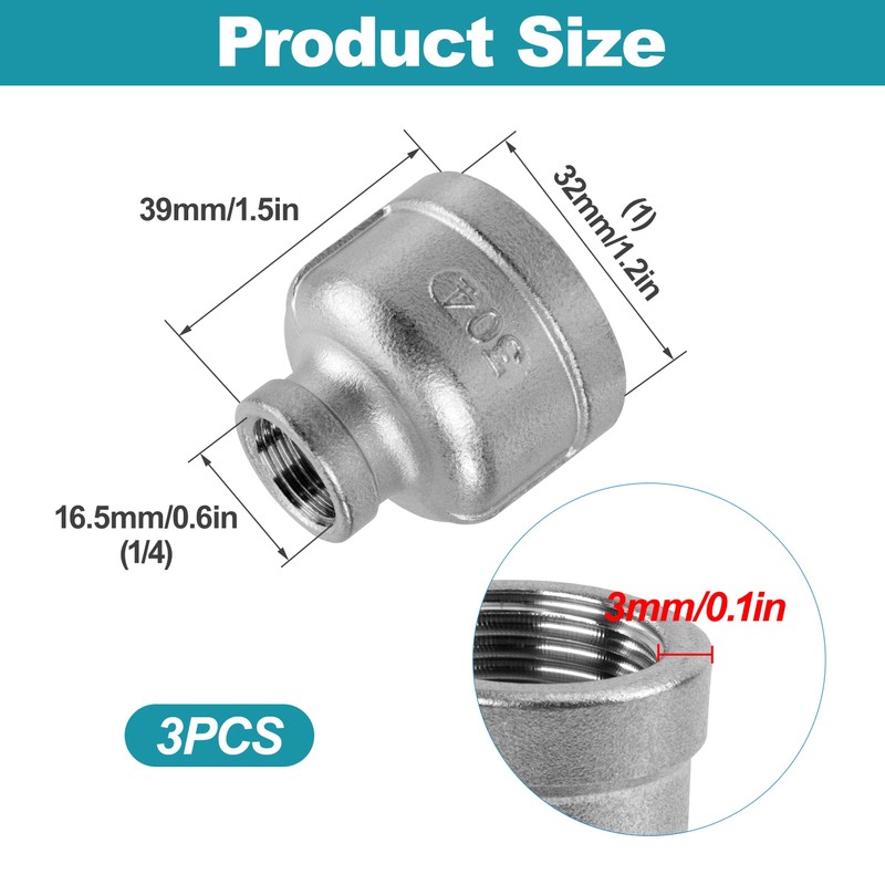 Stainless Steel Hexagonal Nipple, Pack of 3, 1 Inch Female