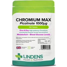 Lindens Chromium Max 1000mcg Picolinate - 120 Tablets | Detox, Metabolism, Blood Glucose, | Mega Potency (2500% NRV) | 4 Months Supply, UK Manufacturer, Letterbox Friendly, Vegan
