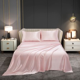 Counfeisly 4 Pieces Satin Sheets Set, King Size Luxury Silky Soft Satin Bed Sheets with 1 Deep Pocket Fitted Sheet, 1 Flat Sheet, 2 Pillowcases, Blush Pink