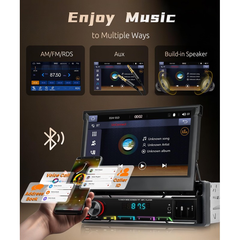 Wireless CarPlay Single Din Car Stereo,5.1 Bluetooth Car Radio AM/FM/RDS,7-Inch