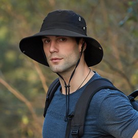 Muryobao Men Sun Hat Summer Wide Brim UPF 50+ UV Protection Bucket Cap Waterproof Foldable Boonie Hats for Safari Fishing Hiking Black