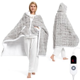 Wearable Heated Blanket Hoodie, Luxury Faux Fur & Sherpa Electric Throw Blanket, Heated Shawl Wraps Poncho with Pockets for Women Men, 3 Heat Levels & 12H Timer, ETL & FCC Certified 40"x70" Light Grey