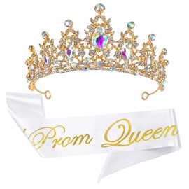 2Pcs Prom Queen Sash and Tiara Set, Tiara Crystal Rhinestones Bridal Crowns for women, Silver Crown with Comb for Little Girls Birthday and Wedding School Graduate Party Accessories（Gold）