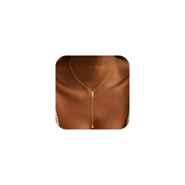 Eaciy Lariat Gold Necklace for Women, Dainty Long Necklace 14k Gold Plated Y-Shaped Necklace Trendy Layered Bar Paperclip Link Beaded Chain Necklaces Simple Gold Jewelry for Women Gift, Brass, No