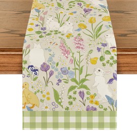 Artoid Mode Rabbits Ducks Floral Leaves Easter Table Runner, Seasonal Spring Kitchen Dining Table Decoration for Home Party Decor 13x48 Inch