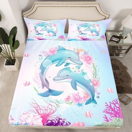 Cute Dolphin Fitted Sheet Twin Size Watercolor Ocean Fish Coral Bedding Set 2pcs for Kids Girls Boys Teens Room Decor Cartoon Sea Animals Deep Pocket Sheet Fantasy Pink Blue Bed Sheet,1 Pillowcase