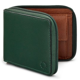 Yoshi Mens RFID Blocking Full Zip Around Leather Coin Pocket Wallet (Green/Brown)