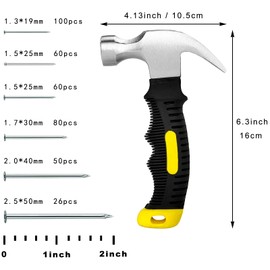 376pcs Hardware Nails Assortment Kit with 8oz Small Claw Hammer, Mini Hammer with Anti-Slip Handle, Maximum Length 2 Inches, Finishing Nails for Hanging Pictures, Household & DIY