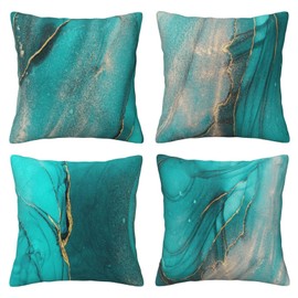 DILOXNSU Teal Gold Cushion Covers 45 x 45 cm Set of 4 Double-Sided Turquoise Marble Ink Abstract Art Cushions Cases 18 x 18 Inch Modern Decorative Pillow Cover for Sofa Bed Couch
