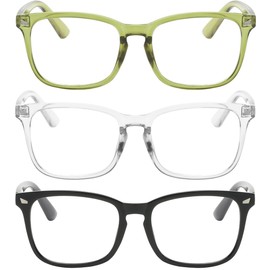 OWL 3 Pack Blue Light Blocking Glasses, Unisex Square Adult Screen Time Fake Eyeglasses, Womens Mens Computer and Gaming Specs with Microfiber Pouches (Olive Green, Transparent, Black)
