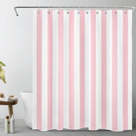 LB Pink and White Striped Fabric Shower Curtain for Bathroom with 10 Hooks, Vertical Stripe Geometric Shower Curtains for Bathroom, Modern Farmhouse Chic Style Bathroom Shower Curtains, 60x72 Inch