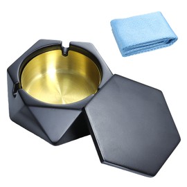 Asoqwal Concrete Ashtray with Lid Windproof,Cement Ashtray for Indoor or Outdoor Patio Use, Cute Hexagon Ash Tray with Stainless Steel Liner Inside for Home Office Decor,Black