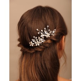 Teyglen 2pcs Silver Crystal Pearl Wedding Hair Pins Bridal Flower Hair Pins Clips Simple Rhinestone Hair Piece Party Prom Hair Pins for Women Hair Accessories