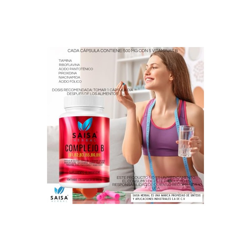 Complejo B 120 Cápsulas de 500 mg Vitaminas (B1+B2+B3+B5+B6+B9) SAISA