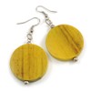 30mm Antique Yellow Painted Wood Coin Drop Earrings - 60mm