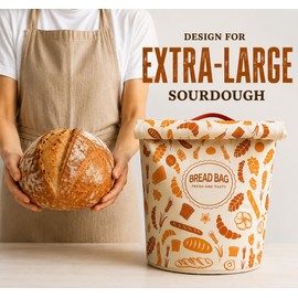 3D Round Bottom TPU Lined Bread Bags for Homemade Sourdough Bread, Set of 2 Large Reusable Canvas Loaf Bags with Zipper & Buckle Closure, Washable alternative to Beeswax