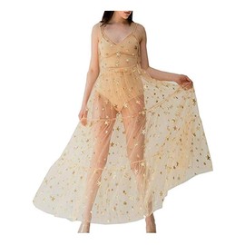 Women See Through Cover Up Straps Sleeveless Strappy Star Lace Mesh Beach Dresses Swimwear Bikini Cover Ups, Gold, X-Large