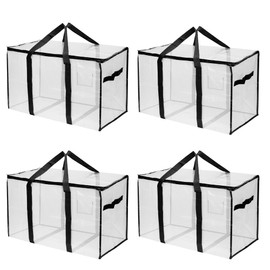 Ginsco Extra Large Heavy Duty Moving Bag Storage Totes Packing Bags Organizer Tote with Strong Handles Double Zippers for Transporting Organizing Travelling College Dorm Bedroom Closet (4 Pack, Clear)