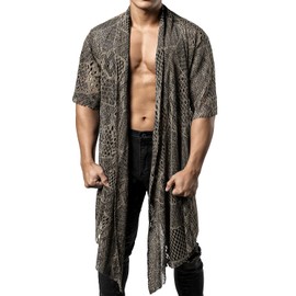 JOGAL Mens Mesh Fishnet See Through Cardigan Ruffle Shawl Collar Open Front Top Champagne Medium