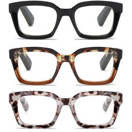 LOUOL 3 Pack Readers for Women Oprah Style Square Reading Glasses with Spring Hinge Blue Light Blocking for Men Ladies +0.0