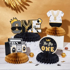 Fangleland 8Pcs The Notorious One Birthday Decorations, Black Gold 1st Birthday Honeycomb Centerpieces - The Big One Theme First Birthday Decorations, Hip Hop 3D Table Decor for One Year Old Boy
